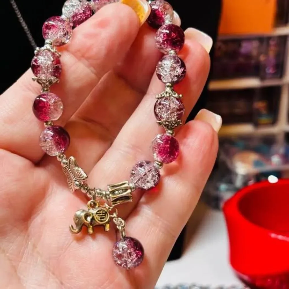 Pink & Magenta Crackle Glass Bead Charm Bracelet – Elephant & Butterfly